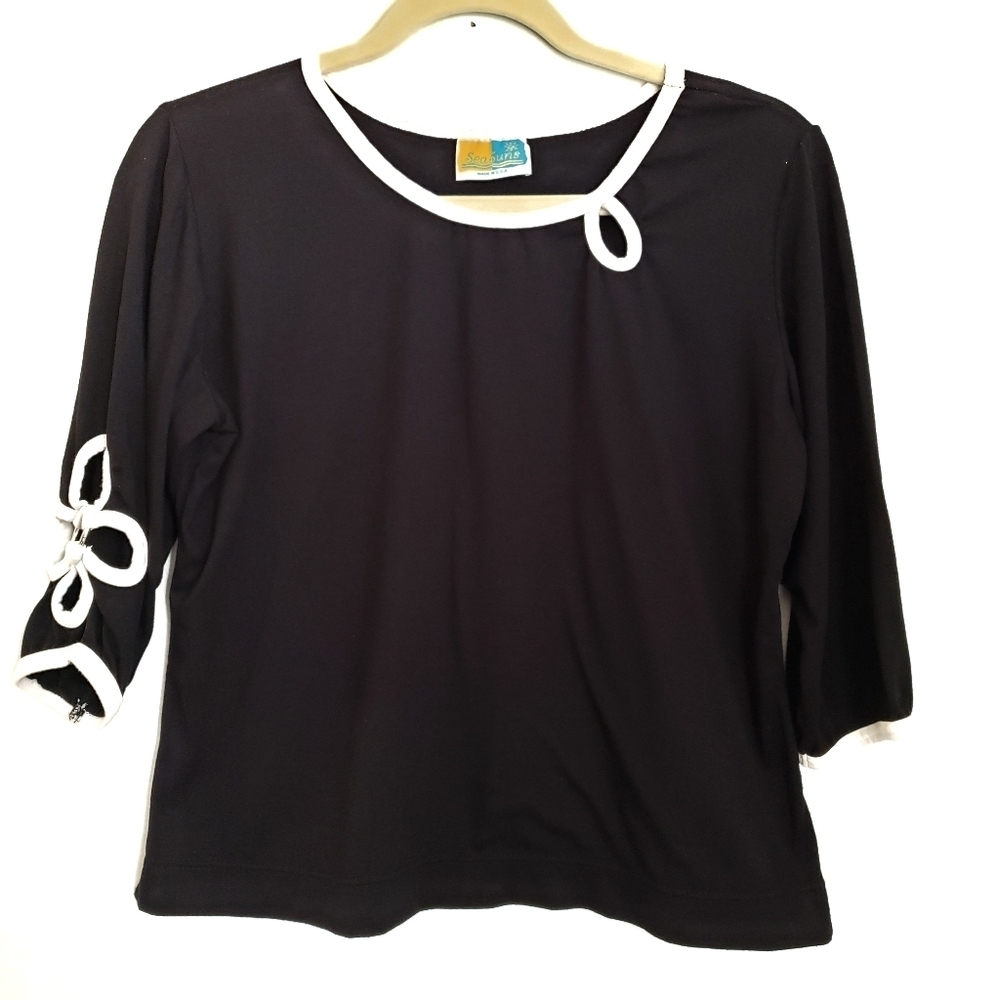 Vintage Sea Suns Top Womens L Large Black Flower - Picture 1 of 5